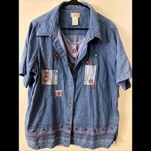 VTG 90s Womens Sz 2X 18-20 Denim Shirt Floral Embroidered Boho Cottage Patchwork
